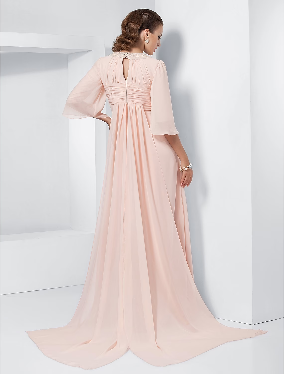 A-Line Special Occasion Dresses Elegant Dress Wedding Guest Sweep / Brush Train Half Sleeve Jewel Neck Chiffon with Beading