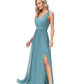 A-Line Evening Gown Empire Dress Party Wear Floor Length Sleeveless V Neck Chiffon V Back