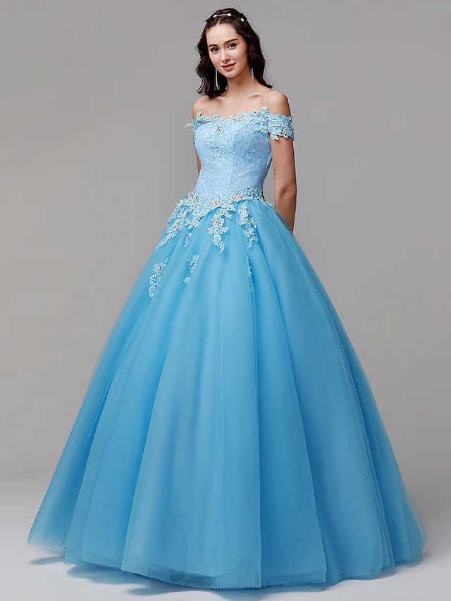 Ball Gown Vintage Inspired Dress Formal Evening Floor Length Sleeveless Off Shoulder Lace Prom Dresses