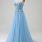 Light Blue A-Line One Shoulder Sequin Prom Dress with Appliques Floor Length