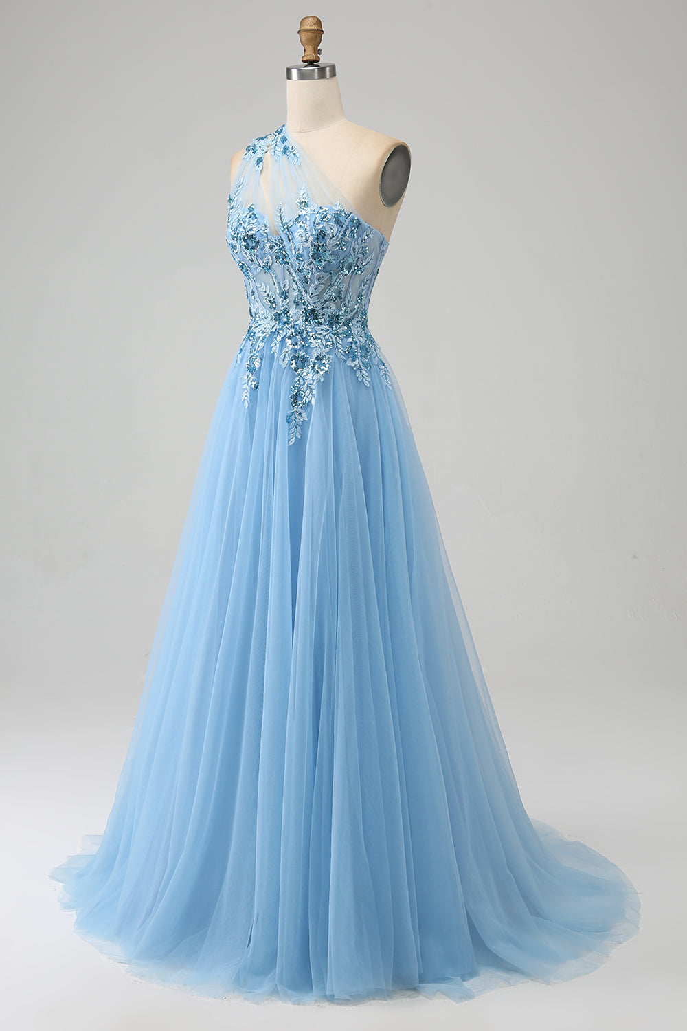 Light Blue A-Line One Shoulder Sequin Prom Dress with Appliques Floor Length