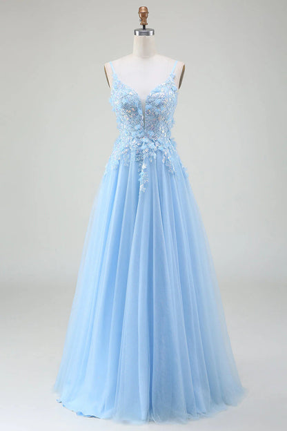 A-Line Prom Dress with Appliques V-neck Pure Color Long