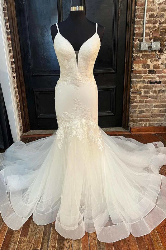 White Tulle Floral Lace Trumpet Long Wedding Dress V-neck Open Back