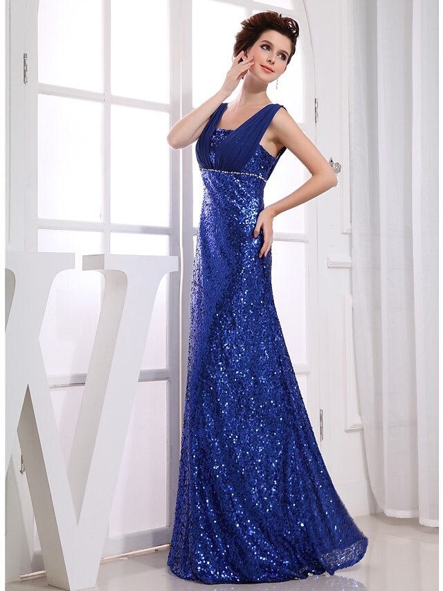 Sheath / Column Sparkle Wedding Guest Engagement Formal Evening Dress V Neck Sleeveless Floor Length Chiffon