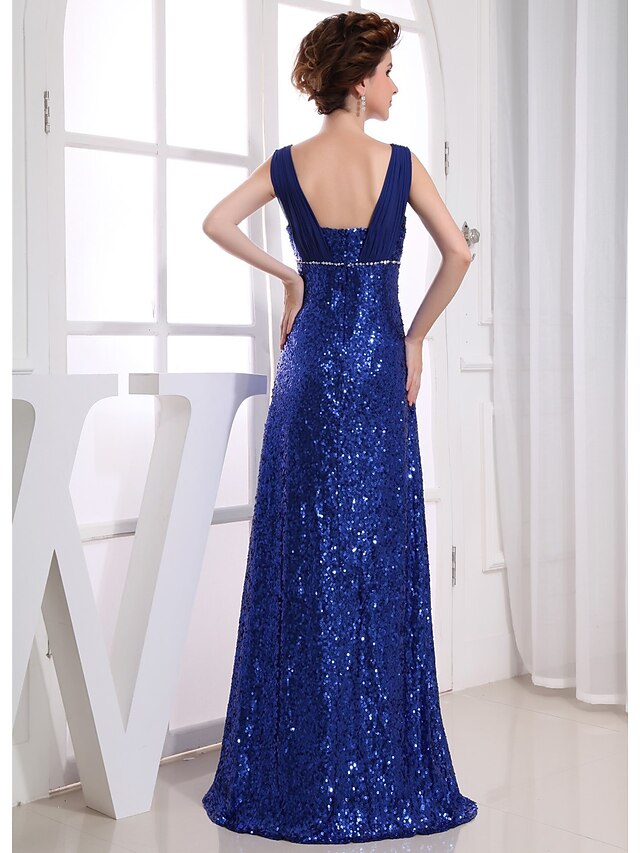 Sheath / Column Sparkle Wedding Guest Engagement Formal Evening Dress V Neck Sleeveless Floor Length Chiffon