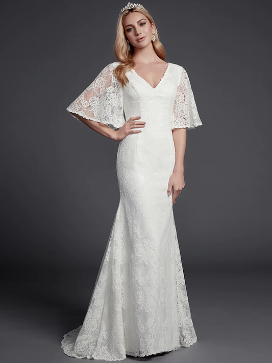 Long Wedding Dresses V Neck Lace Half Sleeve Beautiful Back with Lace