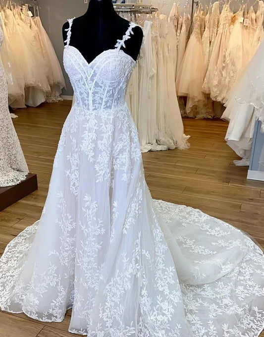 A-Line Spaghetti Straps Back Court Train Wedding Dress With Appliques Beautiful
