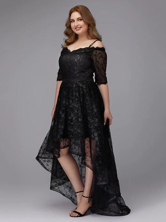 A-Line Plus Size Cocktail Party Prom Dress Spaghetti Strap Half Sleeve Asymmetrical Lace with Pleats Lace