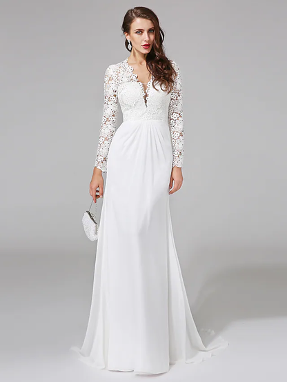 Wedding Dresses V NeckChiffon Floral Lace Long Sleeve Romantic Boho Illusion Sleeve with Lace