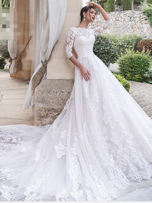 A-Line Wedding Dresses Off Shoulder Court Train Lace Length Sleeve Country Illusion