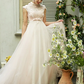 A-Line Wedding Dresses High Neck Sweep Brush Train Tulle Short Sleeve Open Back with Bowknot Sash Ribbon