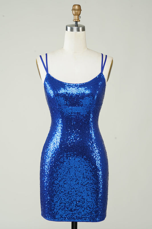 Royal Blue Sheath Spaghetti Straps Tight Sequins Backless Short Homecoming Dress Sparkly 