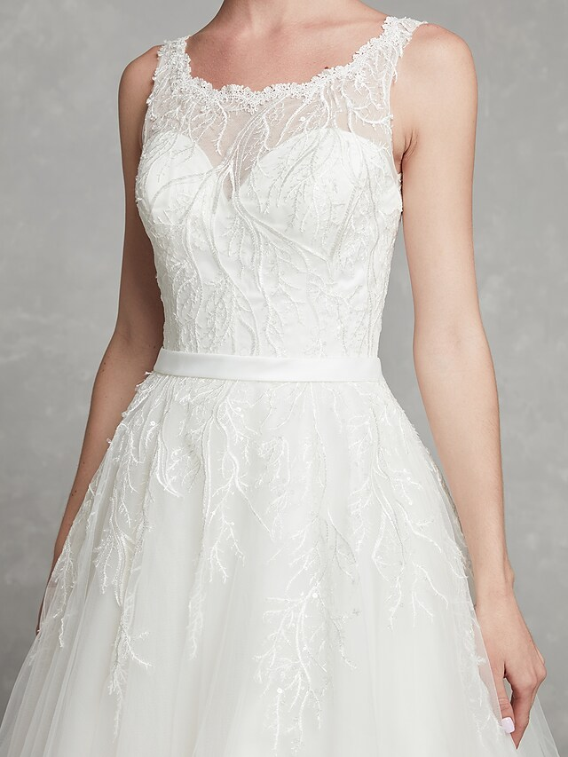 A-Line Wedding Dresses Scoop Neck Chapel Train Lace Tulle Regular Straps Formal Illusion Detail with Lace Sash