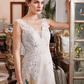A-Line Wedding Dresses V Neck Court Train Lace Tulle Regular Straps Romantic Illusion Detail with Beading