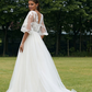 Ivory Puff Sleeves Corset Wedding Dress with 3D Flowers V-neck