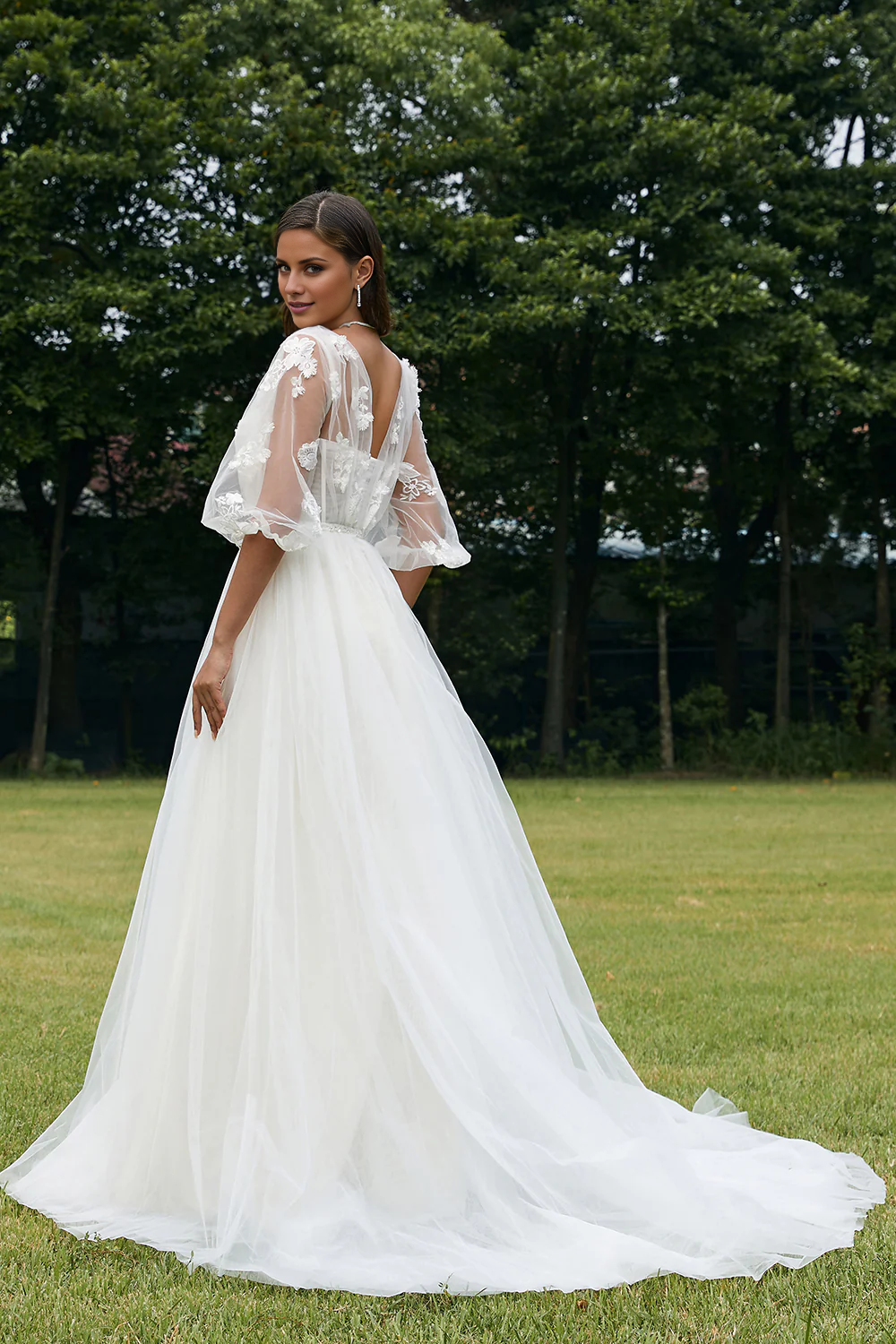 Ivory Puff Sleeves Corset Wedding Dress with 3D Flowers V-neck