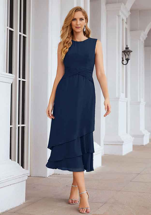 A-line Bateau Tea-Length Chiffon Mother of the Bride Dress With Pleated and Jacket Pure Color