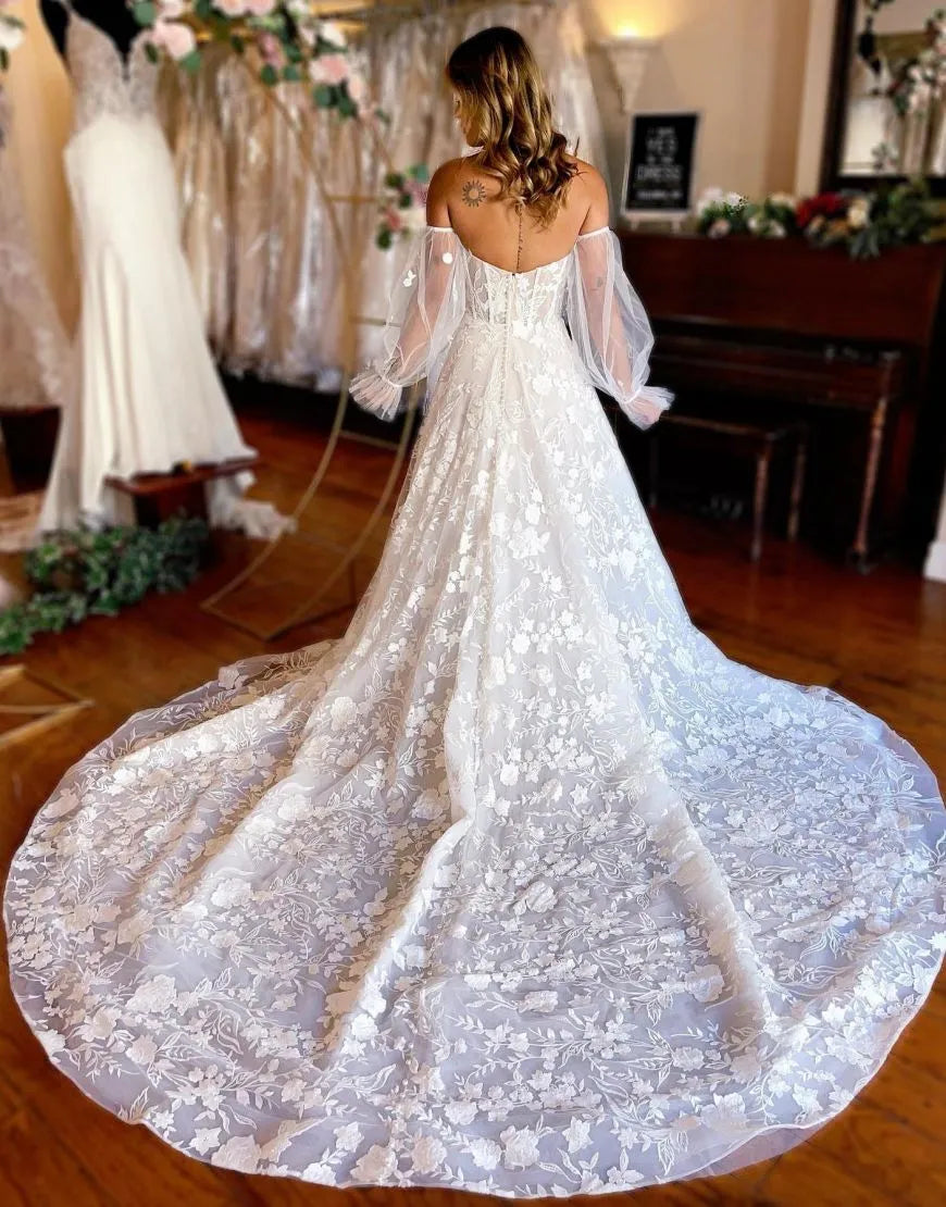 A-Line Train Lace Wedding Dress With Detachable Sleeves Off Shoulder Sexy