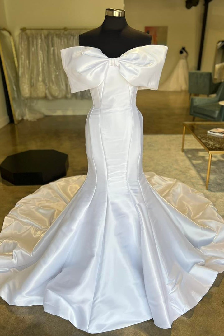 White Off-the-Shoulder Bow Trumpet Long Wedding Dress Pure Color