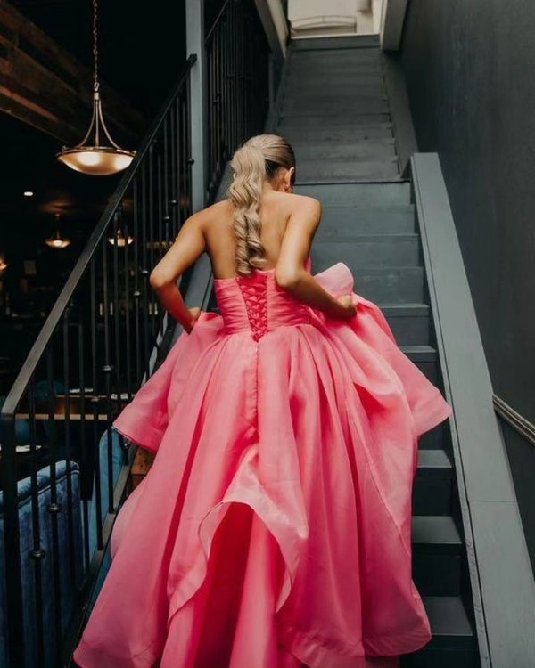 Hot Pink A Line Strapless Organza Prom Dress Off Shoulder Long