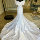 White Off-the-Shoulder Bow Trumpet Long Wedding Dress Pure Color