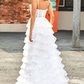 White A-Line Sparkly Sequin Ruffle Skirt Corset Tiered Prom Dress With Slit Long