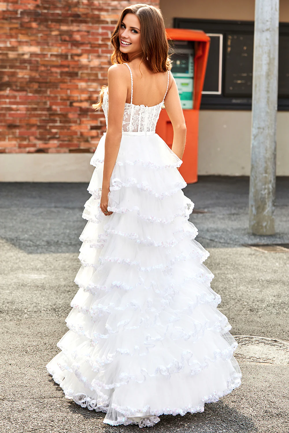 White A-Line Sparkly Sequin Ruffle Skirt Corset Tiered Prom Dress With Slit Long
