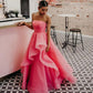 Hot Pink A Line Strapless Organza Prom Dress Off Shoulder Long