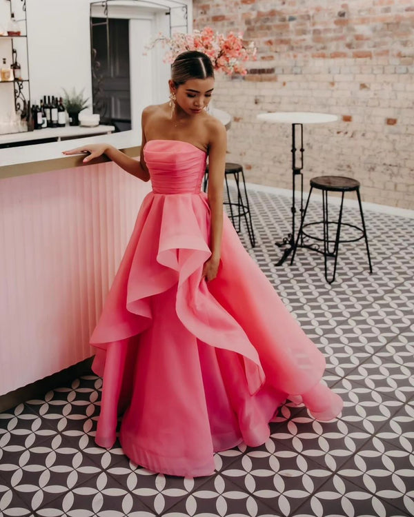 Hot Pink A Line Strapless Organza Prom Dress Off Shoulder Long