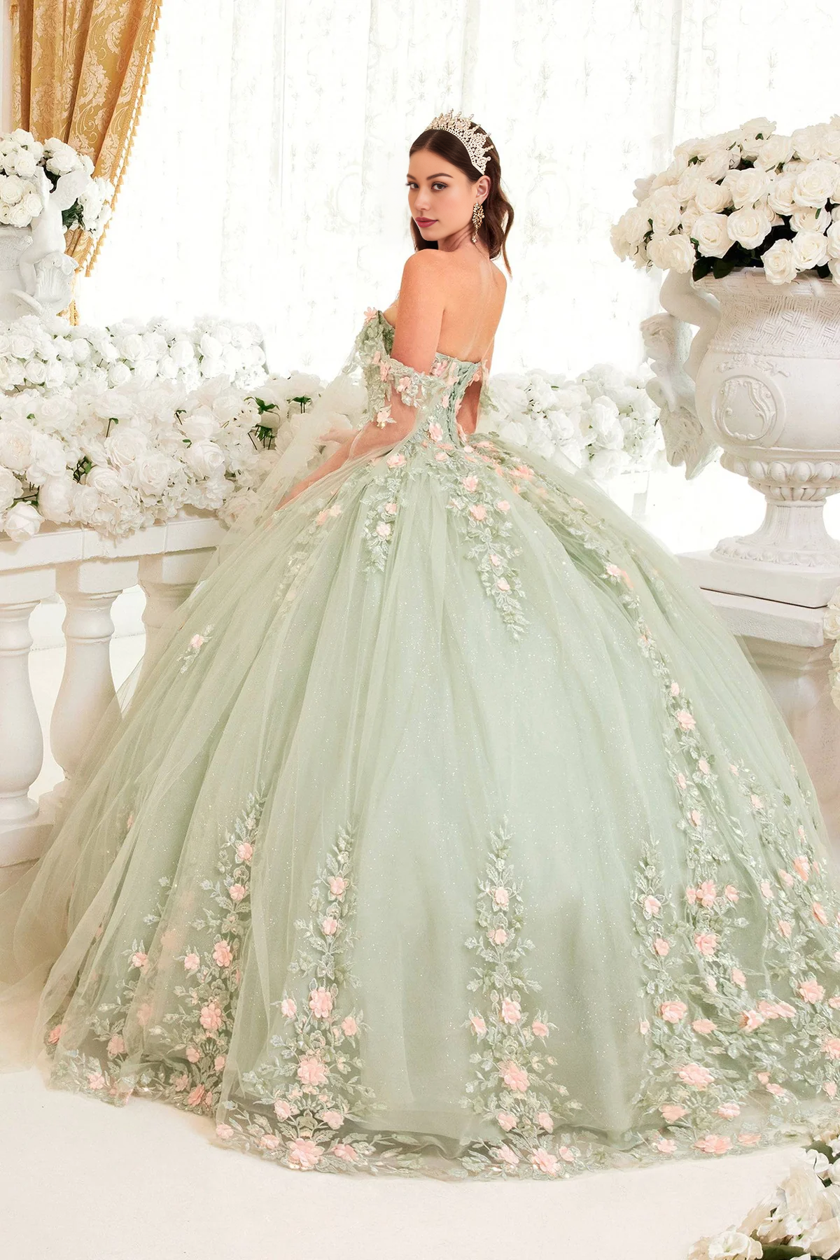 Sage & Floral Blush Ball Gown Quinceanera Dress Off Shoulder With Flowers