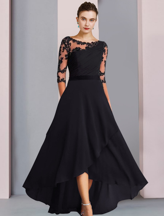 A-Line Mother of the Bride Dress Wedding Guest Elegant High Low Scoop Neck Asymmetrical Tea Length Chiffon Lace Half Sleeve with Appliques