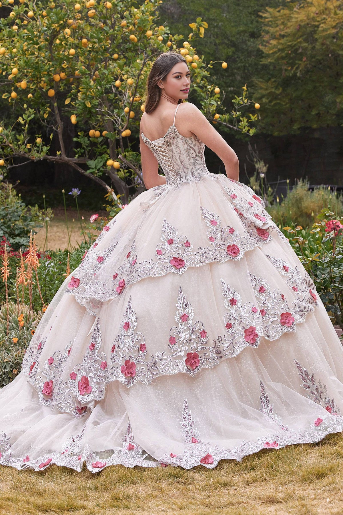 Corset Style Champagne Lace Quinceanera Ball Gown Quinceanera Dress With Flowers