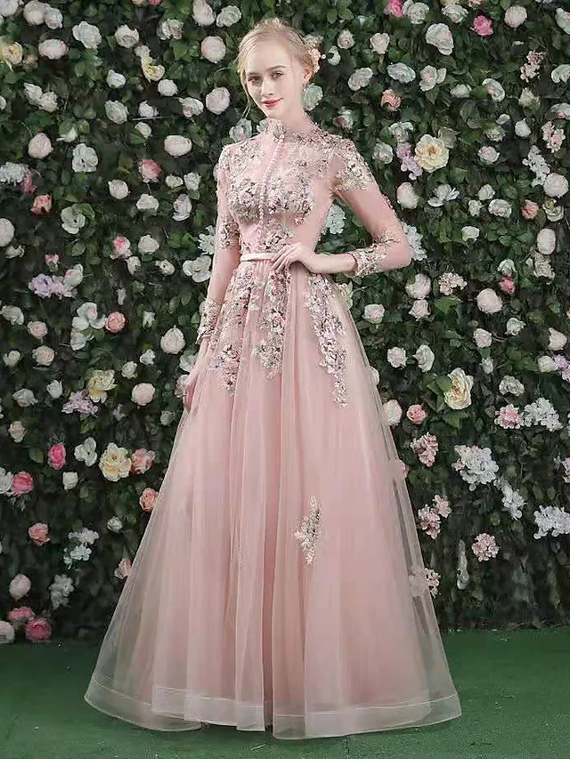 A-Line Cut Out Floral Prom Formal Evening Dress High Neck Long Sleeve Floor Length Organza