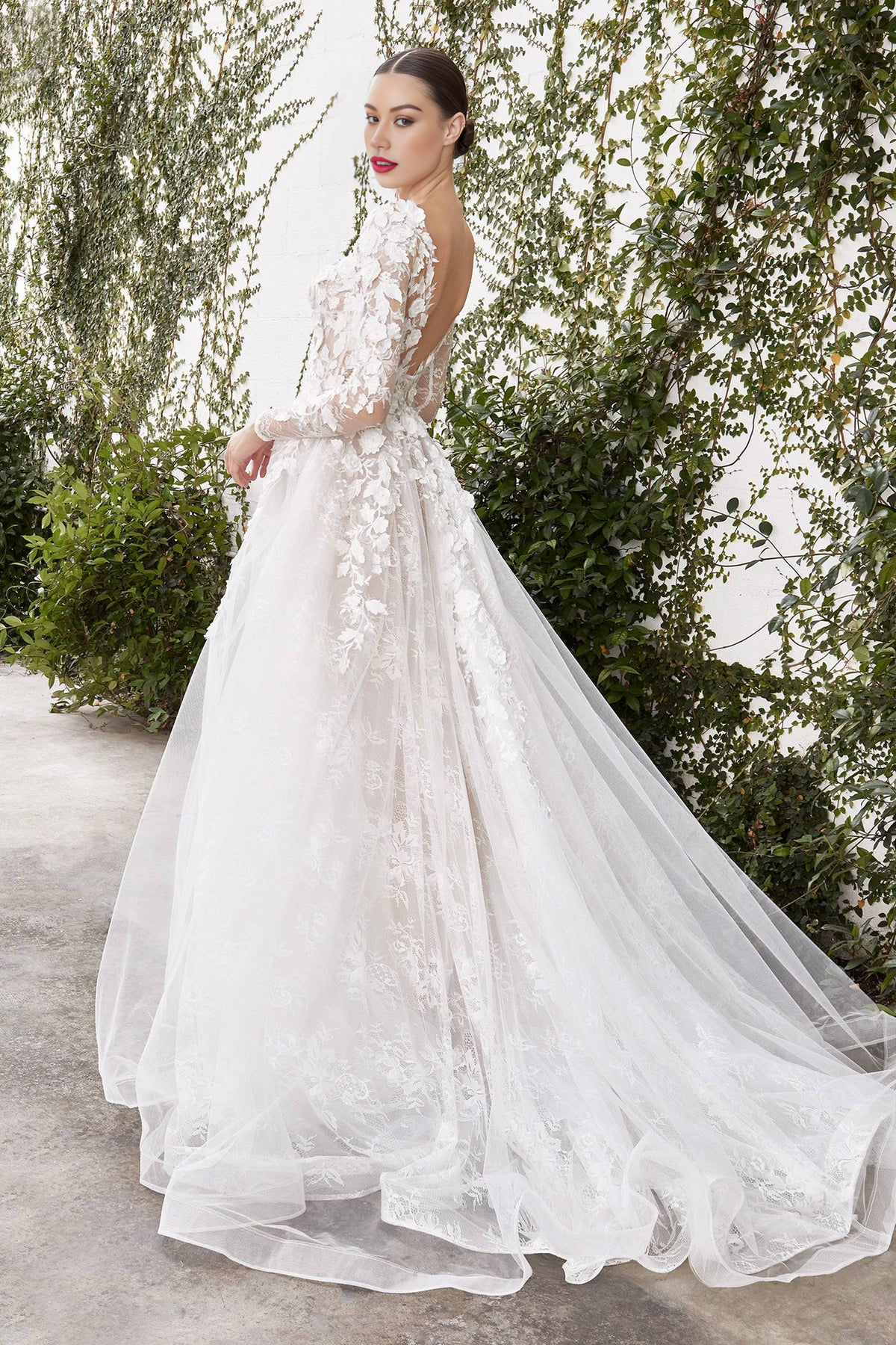 Long Sleeve Lace & Floral Wedding Dress with Flowing Train V-neck Sexy