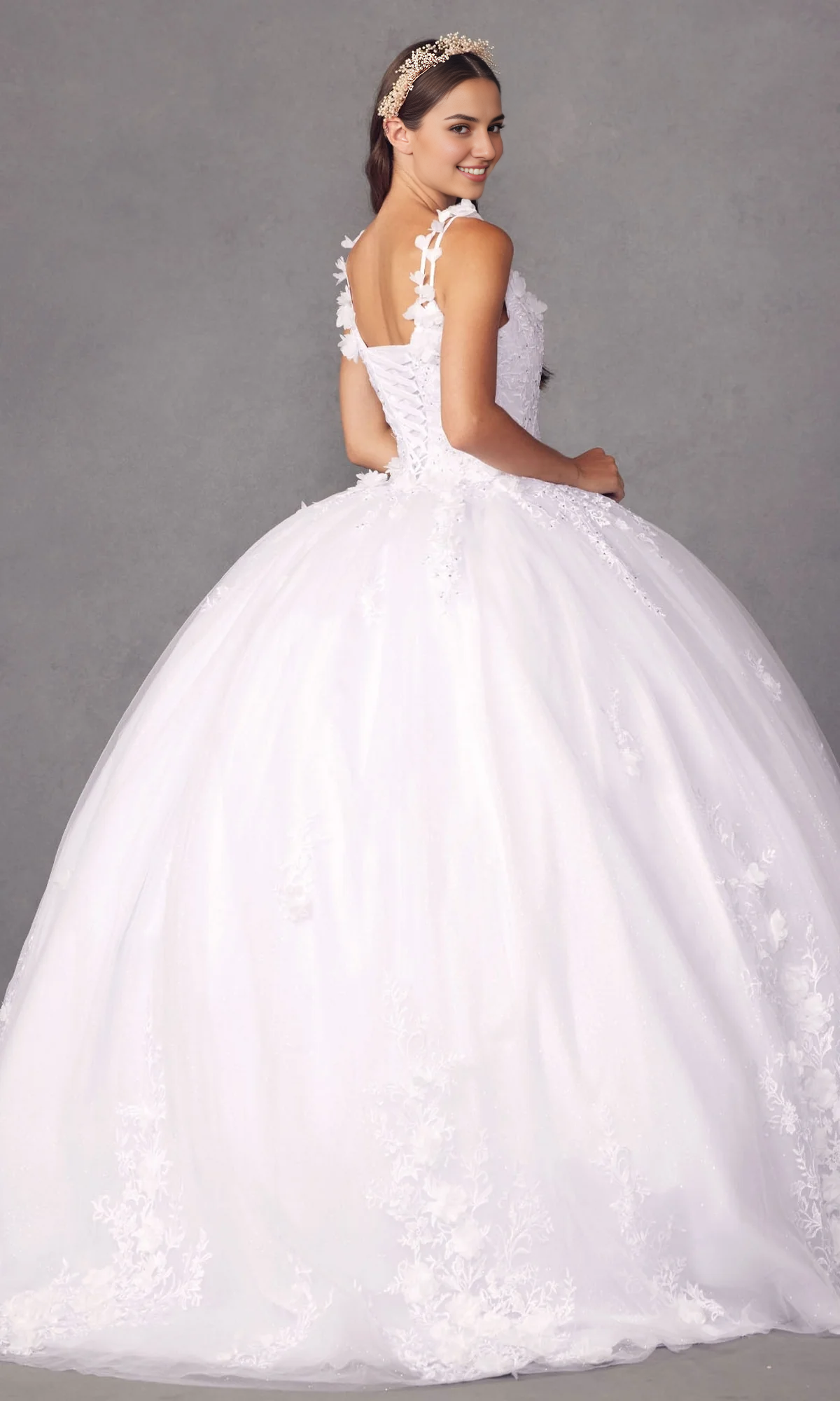 Traditional White Quinceanera Dress V-neck Long With Flowers