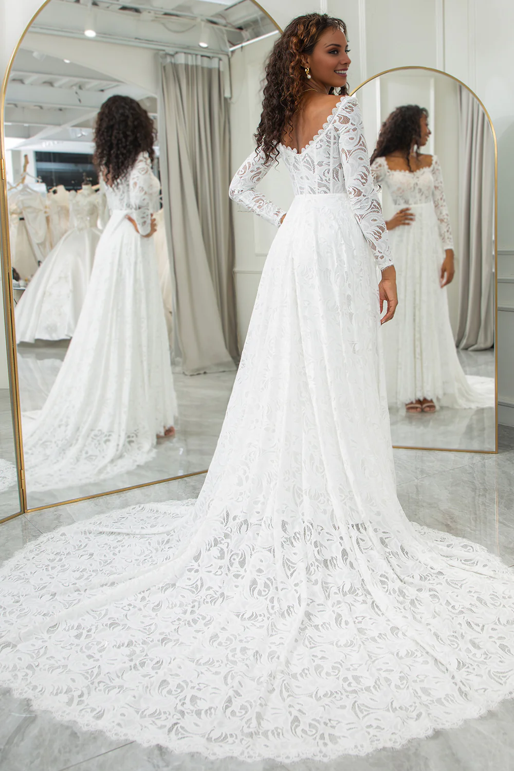 Ivory A-Line Lace Wedding Dress with Sleeves Beautiful Long