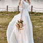 Ivory Lace Chiffon Trumpet Sleeve Boho Wedding Dress V-neck