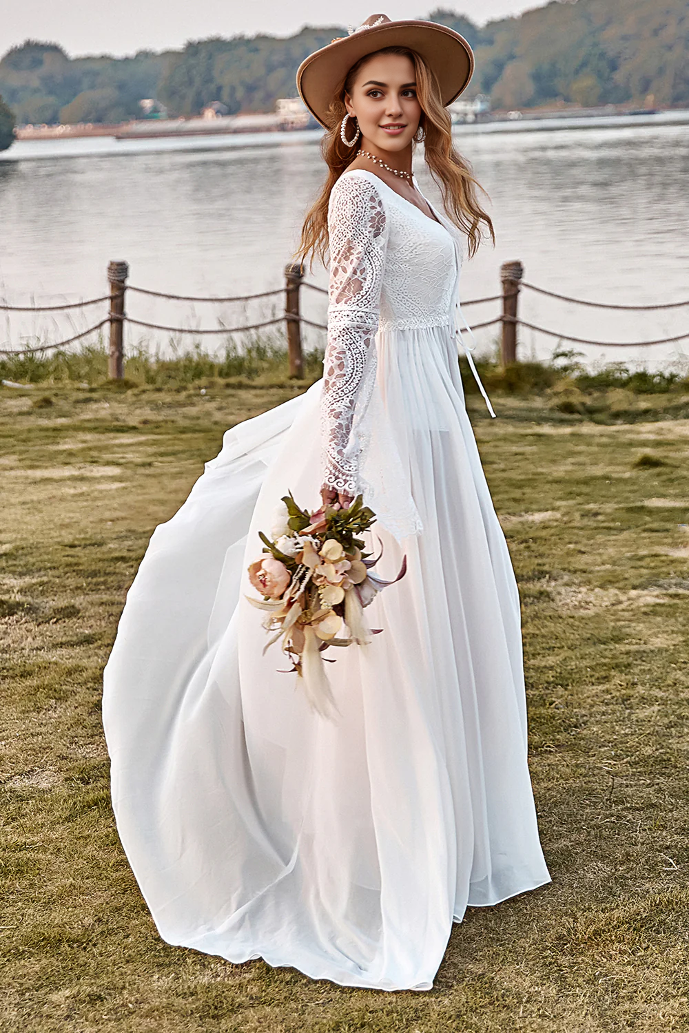 Ivory Lace Chiffon Trumpet Sleeve Boho Wedding Dress V-neck