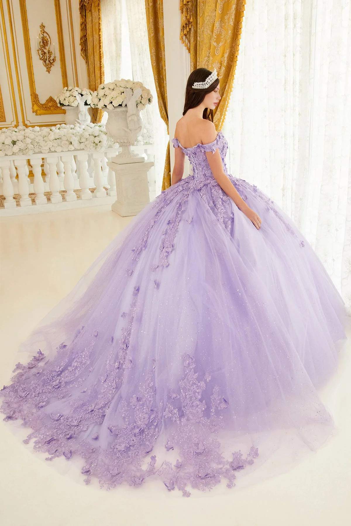 Lavender Floral Quince Ball Gown Princess Dress Off Shoulder Quinceanera Dress
