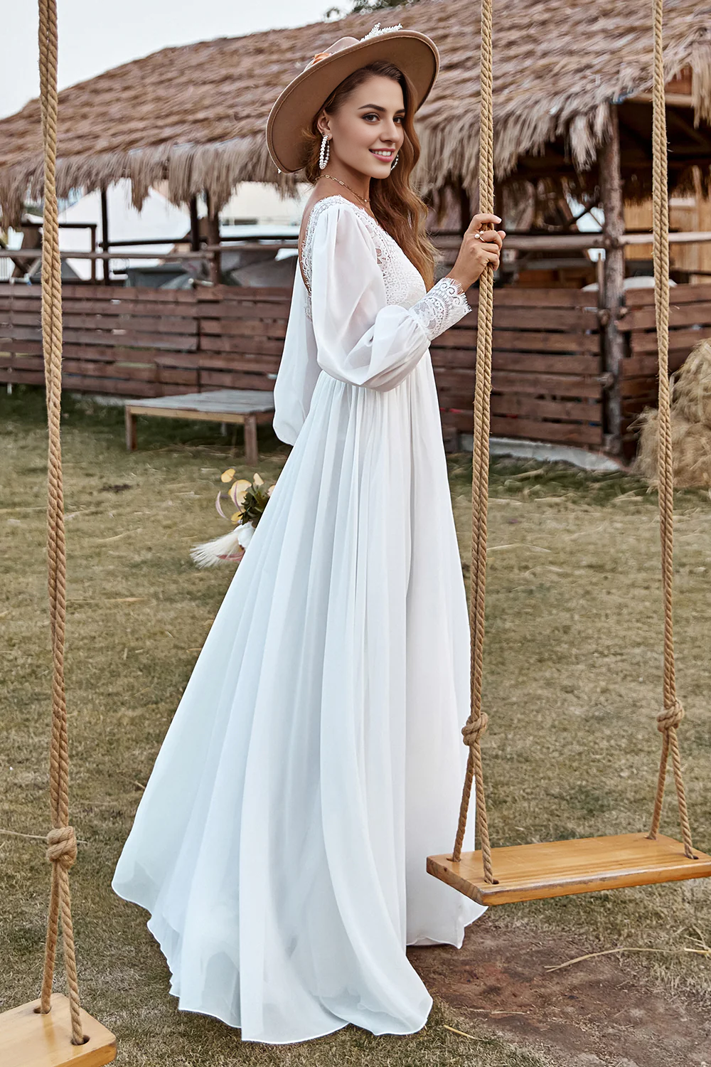 Ivory Lace Chiffon V-Neck Long Sleeve Boho Wedding Dress Sexy