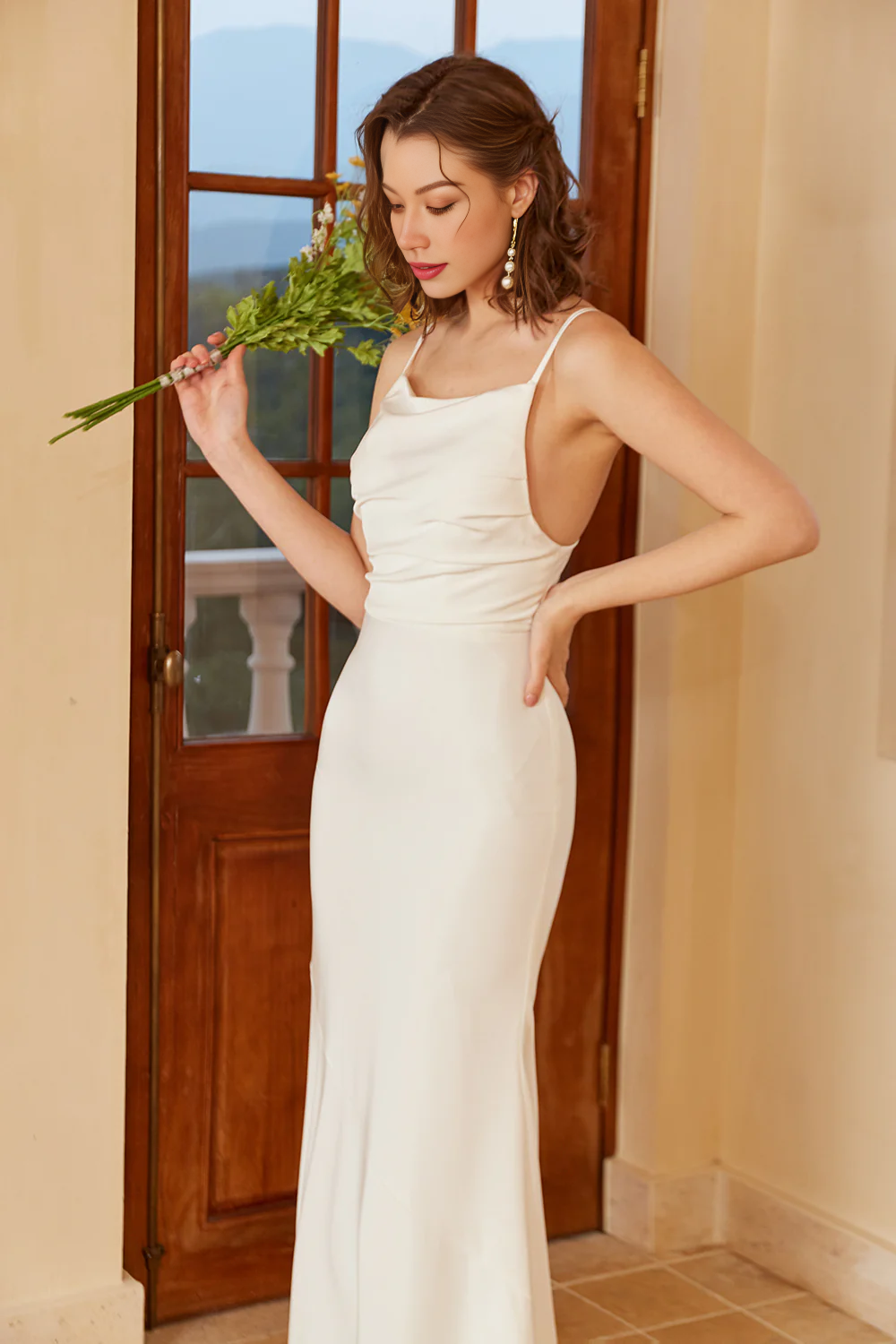 Simple Mermaid Boho Slip Dress Backless Long Wedding Dress Pure Color