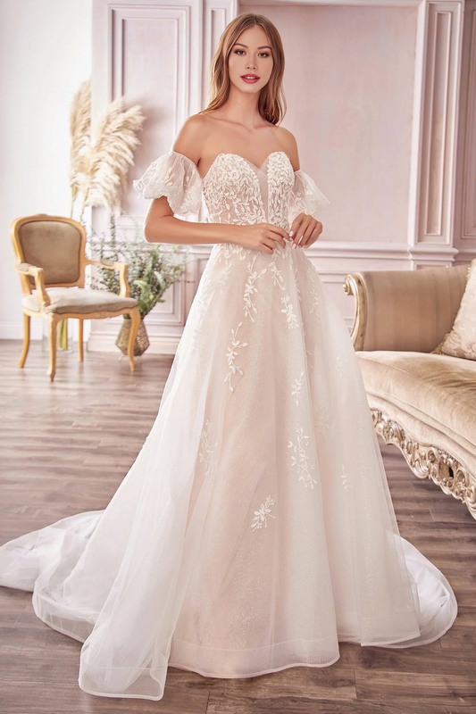 Off Shoulder Floral Lace Wedding Gown with Flowing Train Wedding Dresses