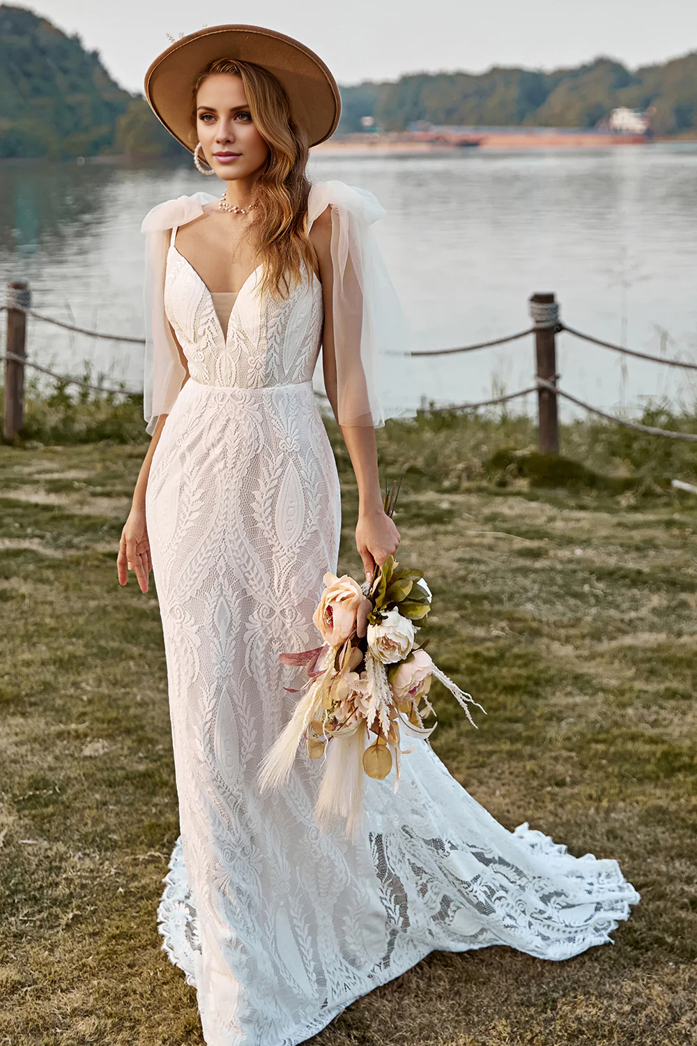Ivory Mermaid Lace Sweep Train Boho Wedding Dress With Bowknots V-neck