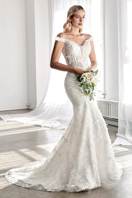 Stunning Wedding Gown with Deep Neckline and Floral Accents Off Shoulder