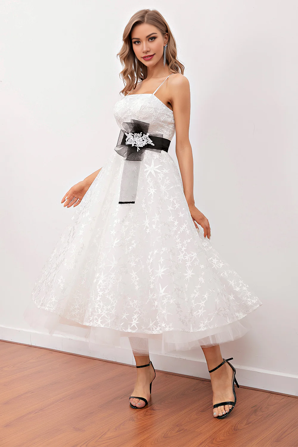 Off Shoulder Short White Lace Midi Prom Dress (Belt Not Included)