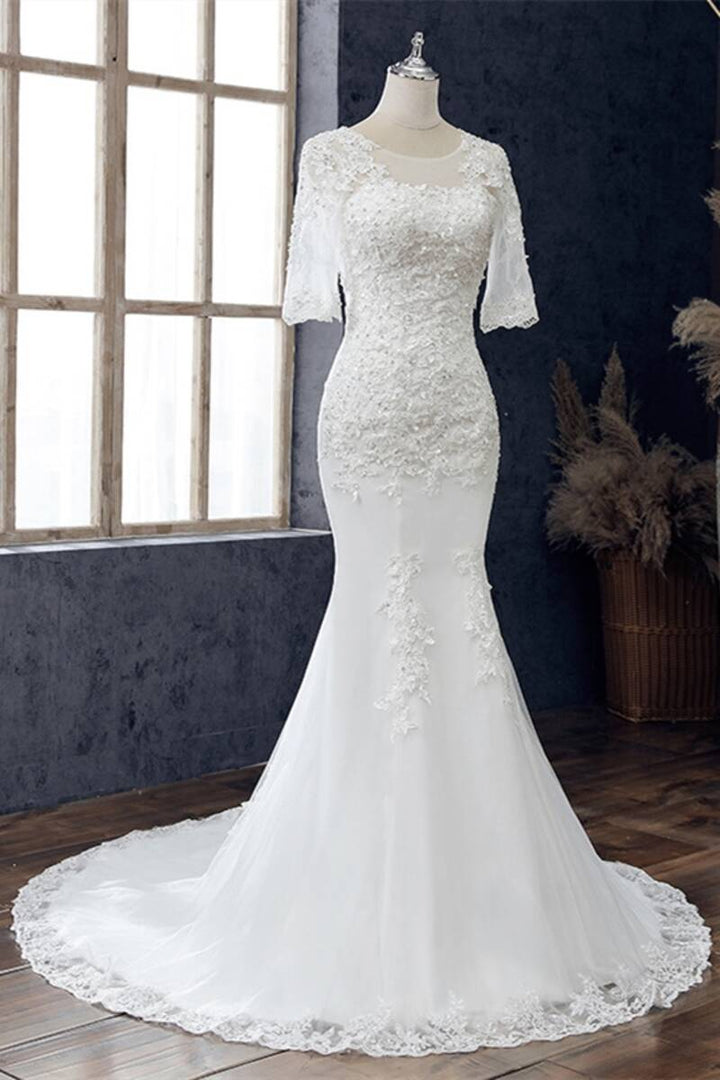 White Appliques Jewel Half Sleeve Mermaid Wedding Dress Long