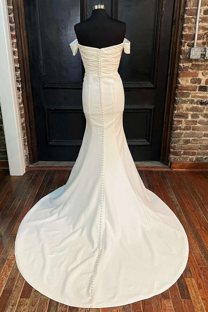 White Satin Off-the-Shoulder Mermaid Long Wedding Dress Pure Color