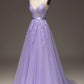 A-Line Spaghetti Straps Long Beaded and Tulle Prom Dress with Appliques Beautiful