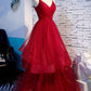 A line Red Ruffles Spaghetti Straps V Neck Prom Dresses Backless Long Evening Dresses Sparkly