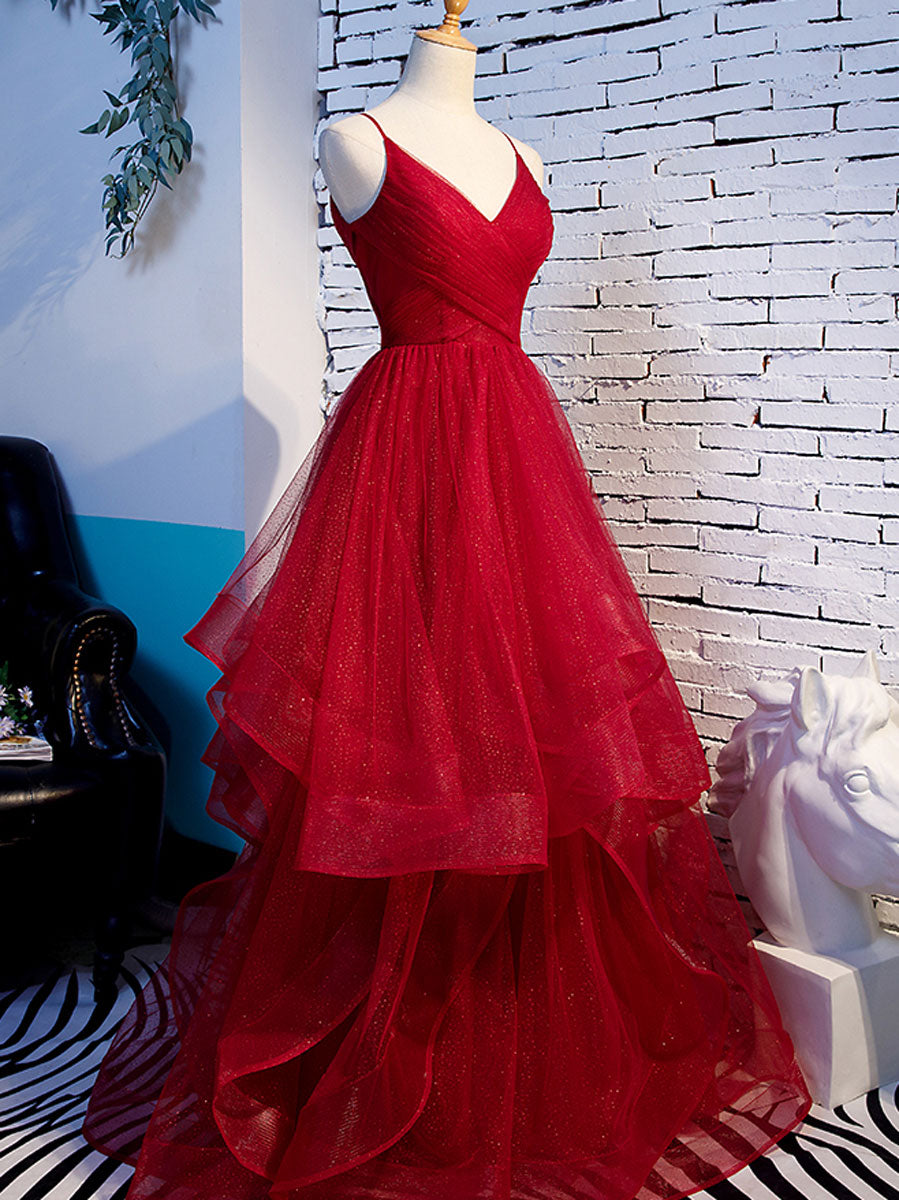 A line Red Ruffles Spaghetti Straps V Neck Prom Dresses Backless Long Evening Dresses Sparkly